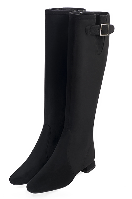 Matt black women's knee-high boots with buckles. Square toe. Flat flare heels. Made to measure. Front view - Florence KOOIJMAN
